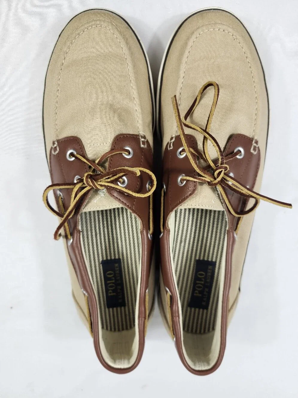 Polo Ralph Lauren Mens 14 D Tan Canvas Boat Shoes with Brown Leather Trim